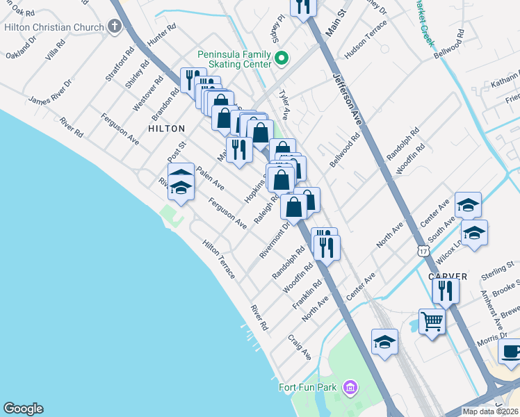 map of restaurants, bars, coffee shops, grocery stores, and more near 81 Raleigh Road in Newport News
