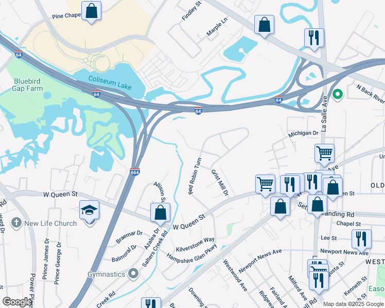 map of restaurants, bars, coffee shops, grocery stores, and more near 13 Mallard Run in Hampton