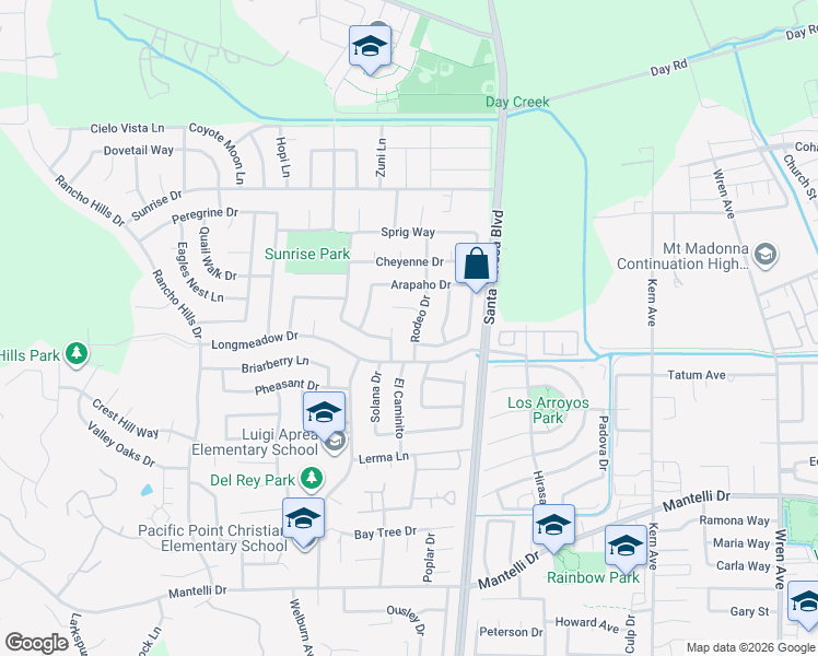 map of restaurants, bars, coffee shops, grocery stores, and more near 9354 Rodeo Drive in Gilroy