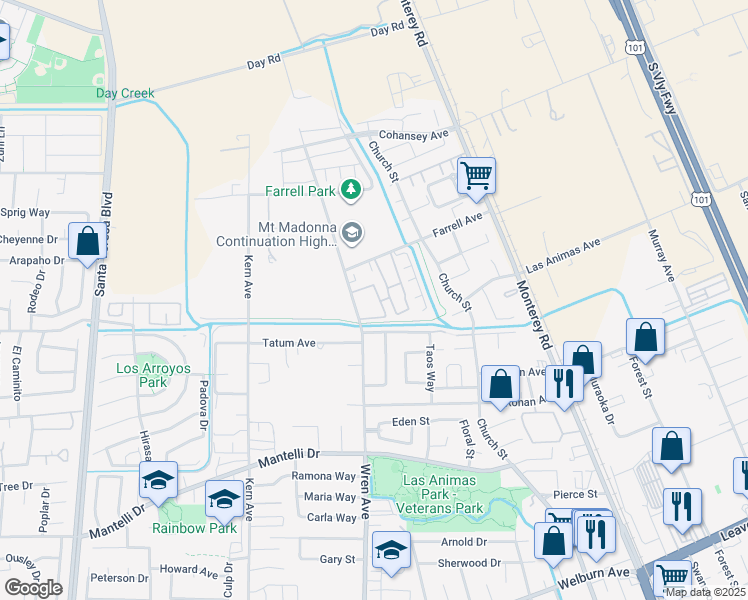 map of restaurants, bars, coffee shops, grocery stores, and more near 260 Farrell Avenue in Gilroy