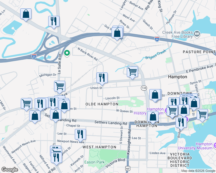 map of restaurants, bars, coffee shops, grocery stores, and more near 429 West Pembroke Avenue in Hampton