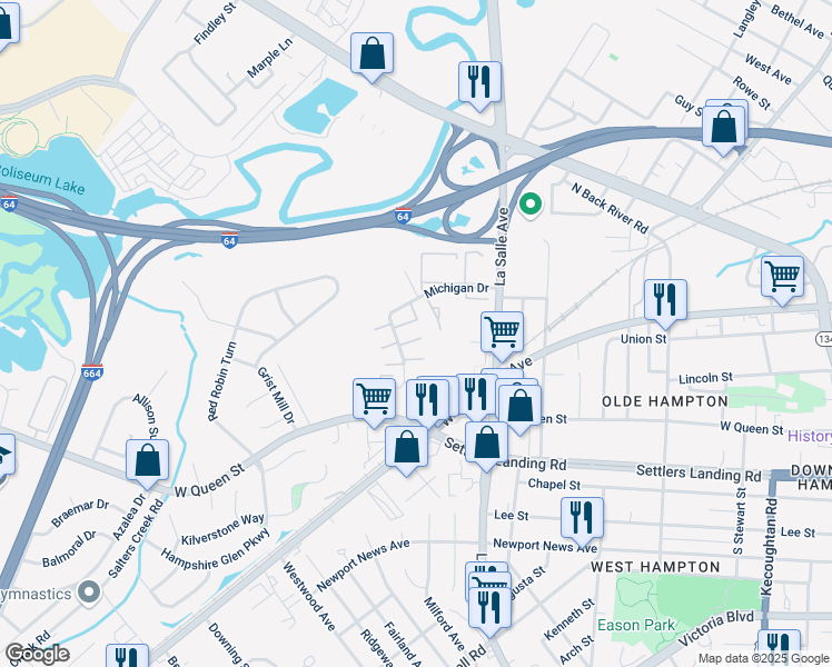 map of restaurants, bars, coffee shops, grocery stores, and more near 412 Michigan Drive in Hampton