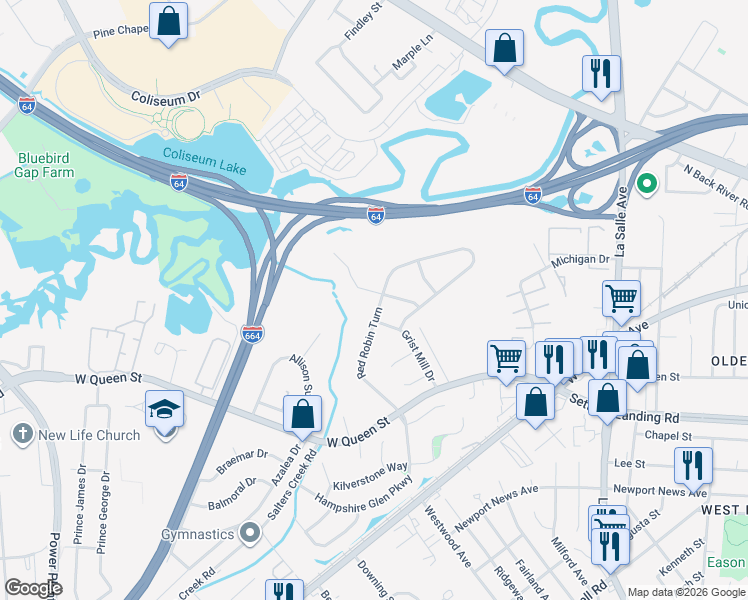 map of restaurants, bars, coffee shops, grocery stores, and more near 15 Mallard Run in Hampton