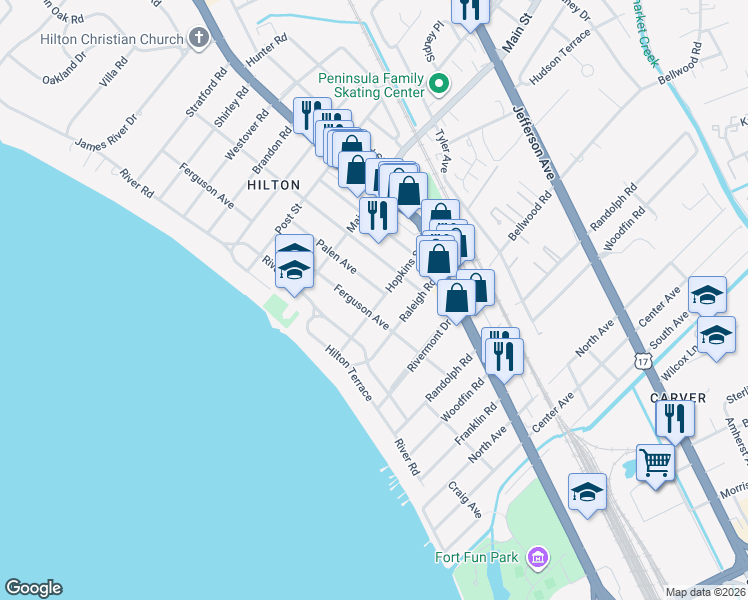 map of restaurants, bars, coffee shops, grocery stores, and more near 203 Palen Avenue in Newport News