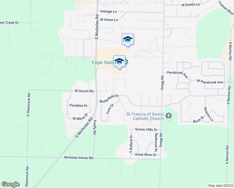map of restaurants, bars, coffee shops, grocery stores, and more near 1261 Butterfield Drive in Nixa