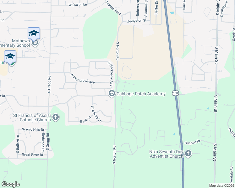 map of restaurants, bars, coffee shops, grocery stores, and more near Norton Rd in Nixa