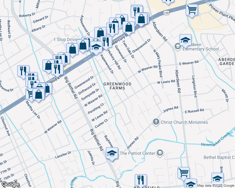 map of restaurants, bars, coffee shops, grocery stores, and more near 502 Persimmon Court in Hampton