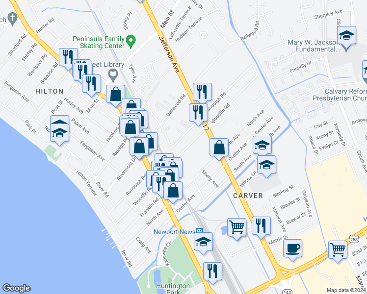 map of restaurants, bars, coffee shops, grocery stores, and more near 507 Woodfin Road in Newport News