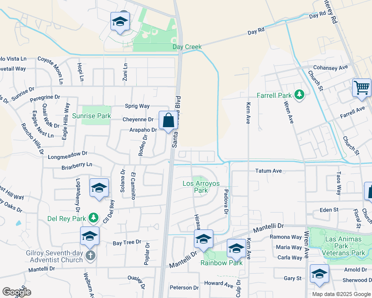 map of restaurants, bars, coffee shops, grocery stores, and more near 931 Woodcreek Way in Gilroy