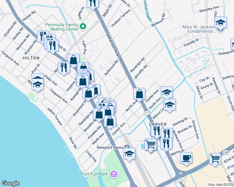map of restaurants, bars, coffee shops, grocery stores, and more near 507 Woodfin Road in Newport News