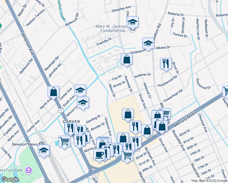 map of restaurants, bars, coffee shops, grocery stores, and more near 5018 Evelyn Ct in Hampton