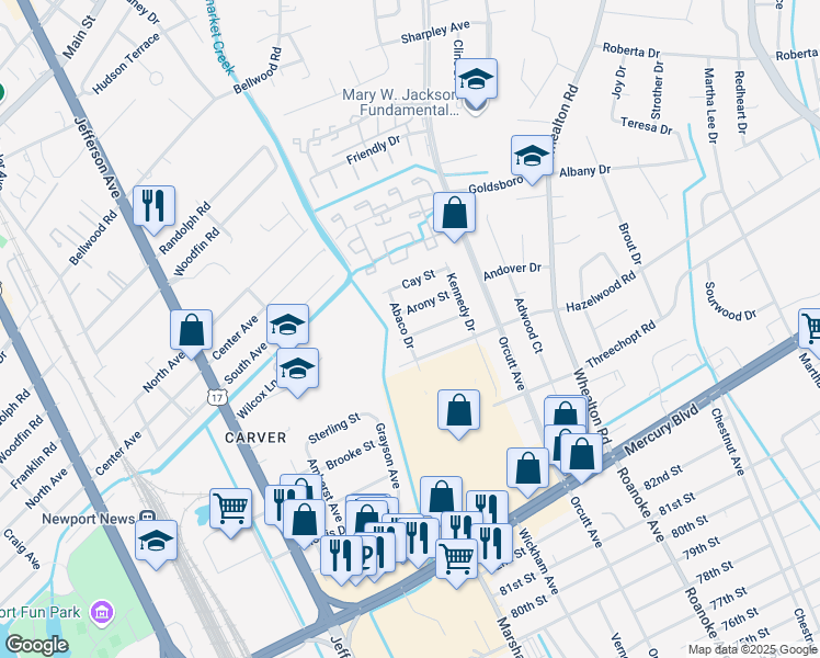 map of restaurants, bars, coffee shops, grocery stores, and more near 5018 Evelyn Ct in Hampton