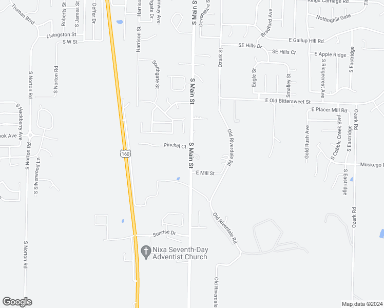 map of restaurants, bars, coffee shops, grocery stores, and more near 105 Mills Road in Nixa