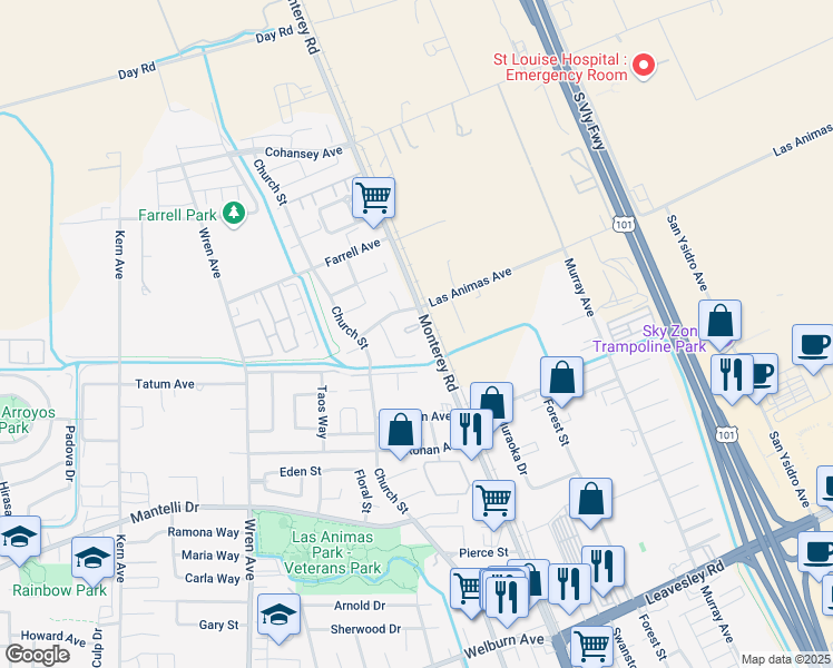 map of restaurants, bars, coffee shops, grocery stores, and more near 20 Canterbury Place in Gilroy