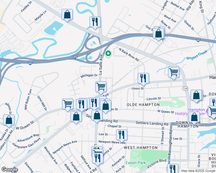 map of restaurants, bars, coffee shops, grocery stores, and more near 212 Parkdale Avenue in Hampton