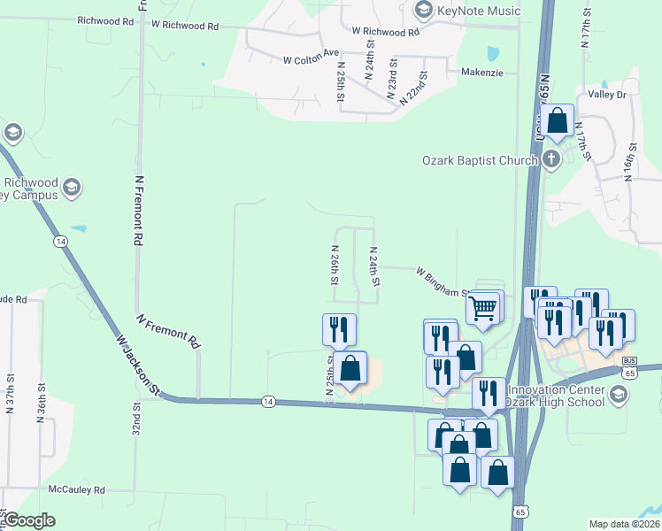 map of restaurants, bars, coffee shops, grocery stores, and more near 1101 North 26th Street in Ozark