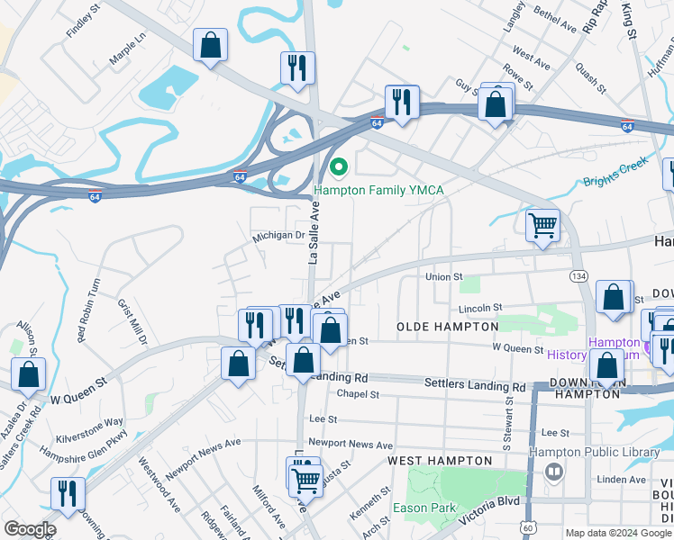 map of restaurants, bars, coffee shops, grocery stores, and more near 212 Parkdale Avenue in Hampton