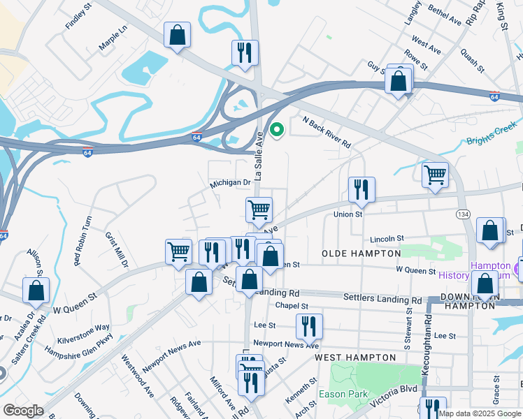 map of restaurants, bars, coffee shops, grocery stores, and more near 1212 LaSalle Avenue in Hampton