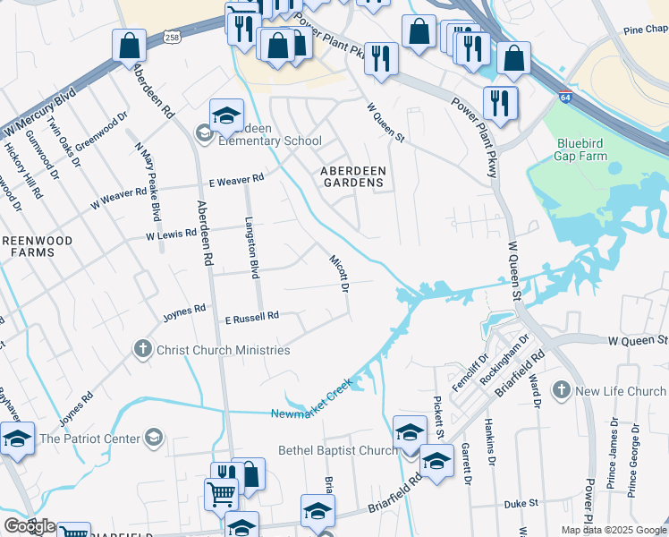 map of restaurants, bars, coffee shops, grocery stores, and more near 104 Ira Court in Hampton