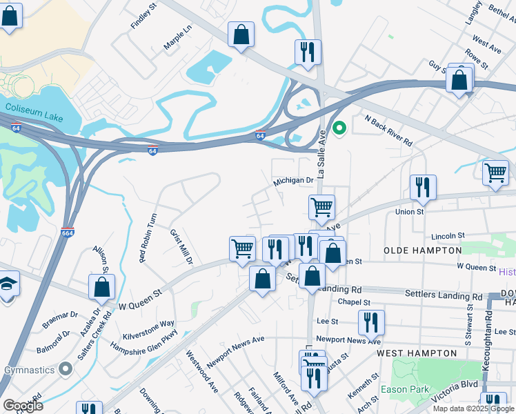 map of restaurants, bars, coffee shops, grocery stores, and more near 412 Michigan Drive in Hampton