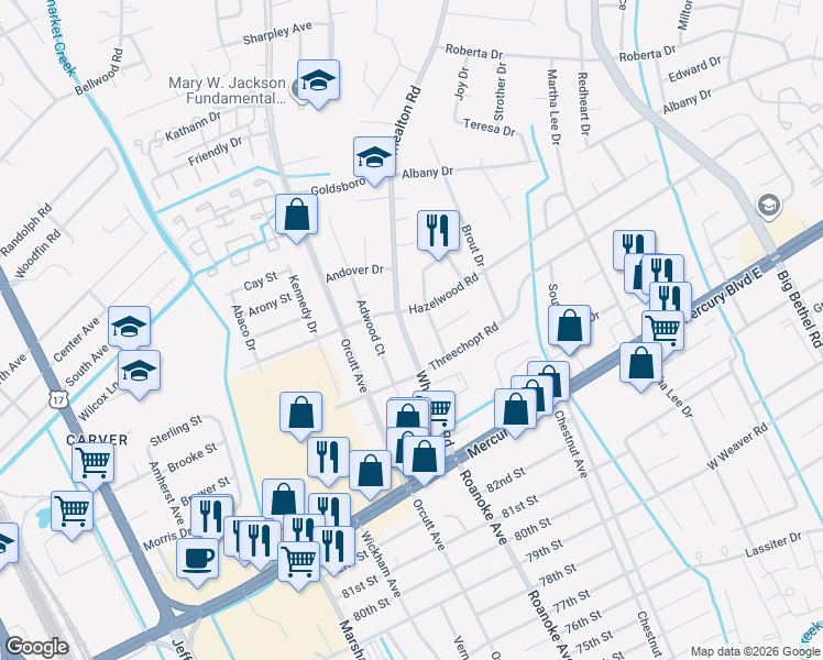map of restaurants, bars, coffee shops, grocery stores, and more near 338 Whealton Road in Hampton