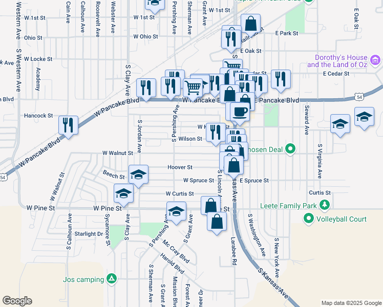 map of restaurants, bars, coffee shops, grocery stores, and more near 165 W Walnut St in Liberal