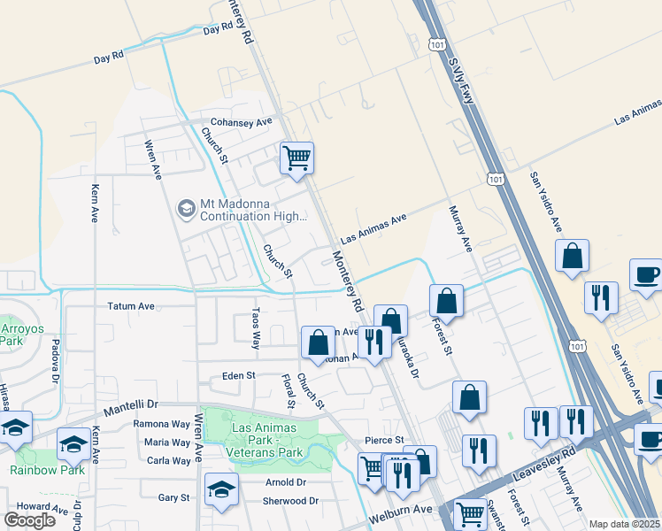 map of restaurants, bars, coffee shops, grocery stores, and more near 20 Canterbury Place in Gilroy