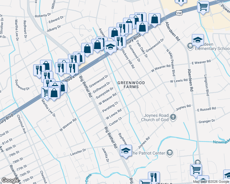 map of restaurants, bars, coffee shops, grocery stores, and more near 3300 West Weaver Road in Hampton