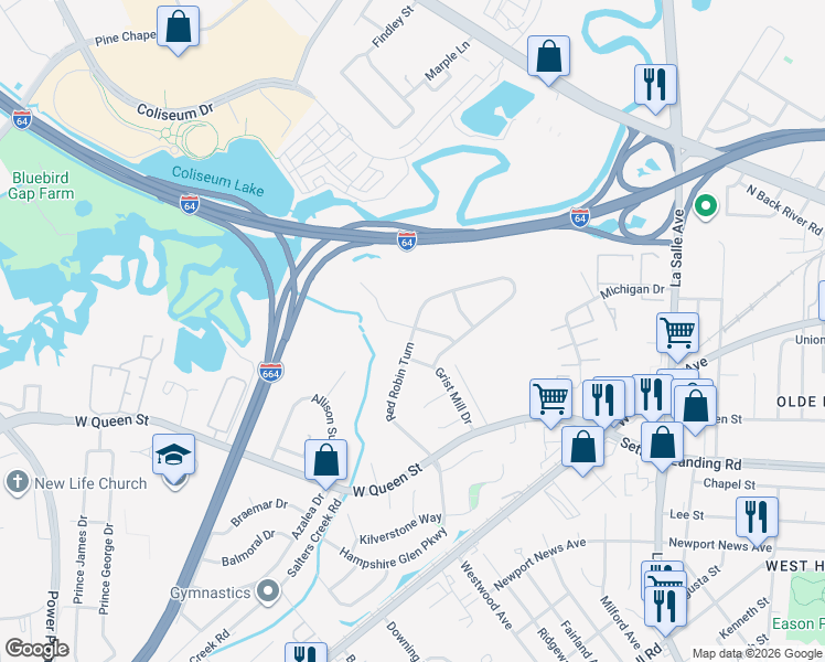 map of restaurants, bars, coffee shops, grocery stores, and more near 6 Mallard Run in Hampton
