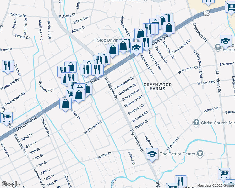 map of restaurants, bars, coffee shops, grocery stores, and more near 3328 Driftwood Drive in Hampton