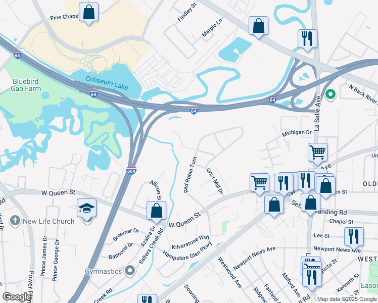 map of restaurants, bars, coffee shops, grocery stores, and more near 13 Mallard Run in Hampton