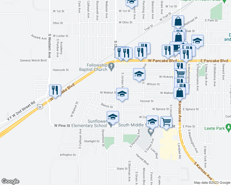 map of restaurants, bars, coffee shops, grocery stores, and more near 700 West Walnut Street in Liberal