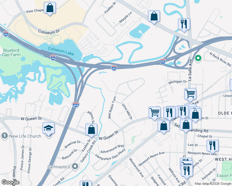 map of restaurants, bars, coffee shops, grocery stores, and more near 6 Mallard Run in Hampton