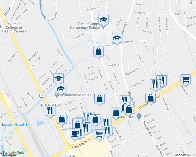 map of restaurants, bars, coffee shops, grocery stores, and more near 5005 Evelyn Court in Newport News
