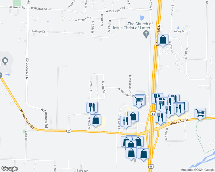 map of restaurants, bars, coffee shops, grocery stores, and more near 2187 West Bingham Street in Ozark