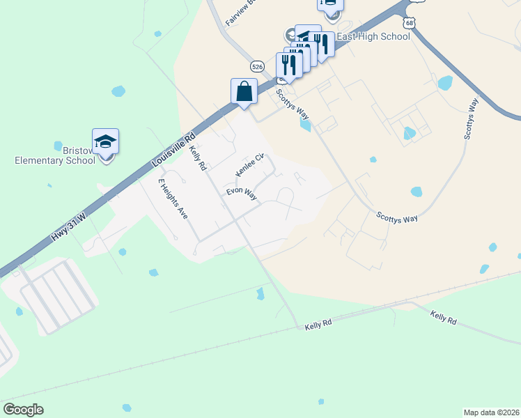 map of restaurants, bars, coffee shops, grocery stores, and more near 438 Hilton Way in Bowling Green