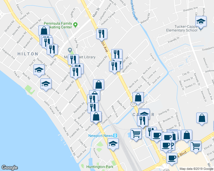 map of restaurants, bars, coffee shops, grocery stores, and more near 509 Woodfin Road in Newport News