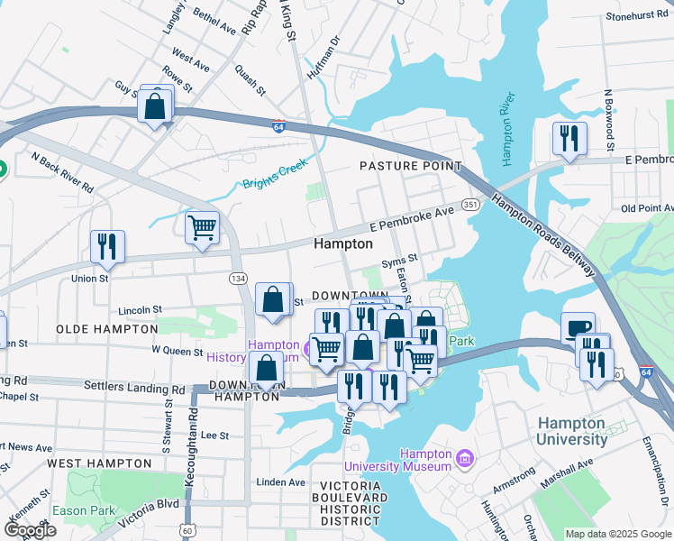 map of restaurants, bars, coffee shops, grocery stores, and more near 50 Lincoln Street in Hampton