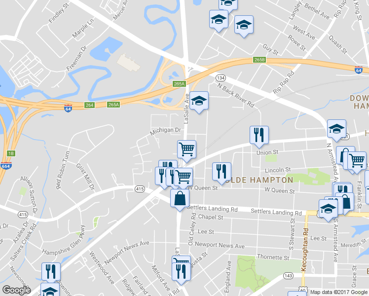map of restaurants, bars, coffee shops, grocery stores, and more near 1212 LaSalle Avenue in Hampton