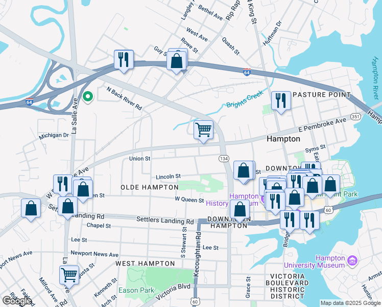 map of restaurants, bars, coffee shops, grocery stores, and more near 306 Union Street in Hampton