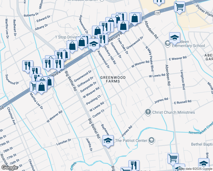 map of restaurants, bars, coffee shops, grocery stores, and more near 3205 West Weaver Road in Hampton