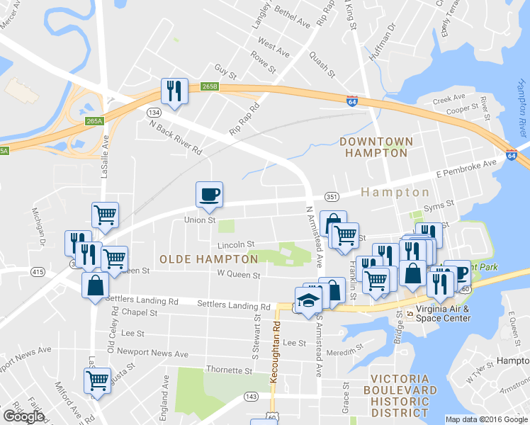 map of restaurants, bars, coffee shops, grocery stores, and more near 306 Union Street in Hampton