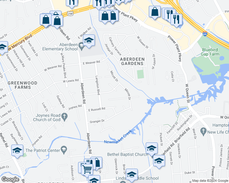 map of restaurants, bars, coffee shops, grocery stores, and more near 26 East Davis Road in Hampton