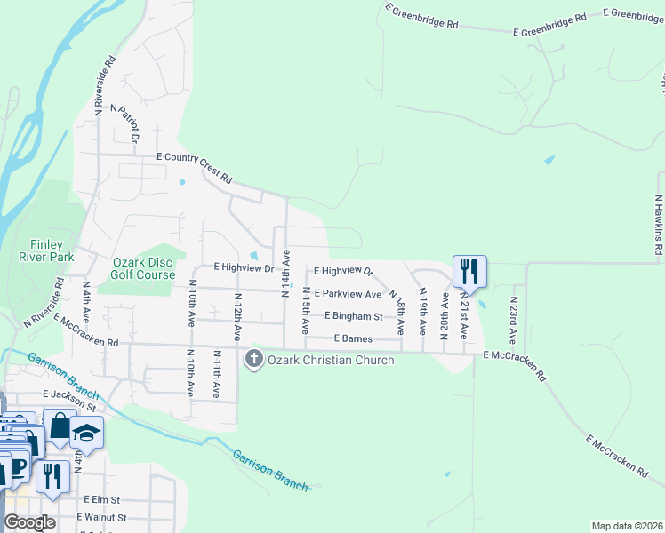 map of restaurants, bars, coffee shops, grocery stores, and more near 1507 East Highview Drive in Ozark
