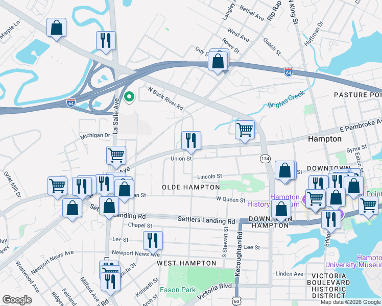 map of restaurants, bars, coffee shops, grocery stores, and more near 429 West Pembroke Avenue in Hampton