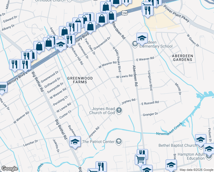 map of restaurants, bars, coffee shops, grocery stores, and more near 203 Gumwood Drive in Hampton