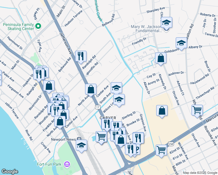 map of restaurants, bars, coffee shops, grocery stores, and more near 814 Center Avenue in Newport News