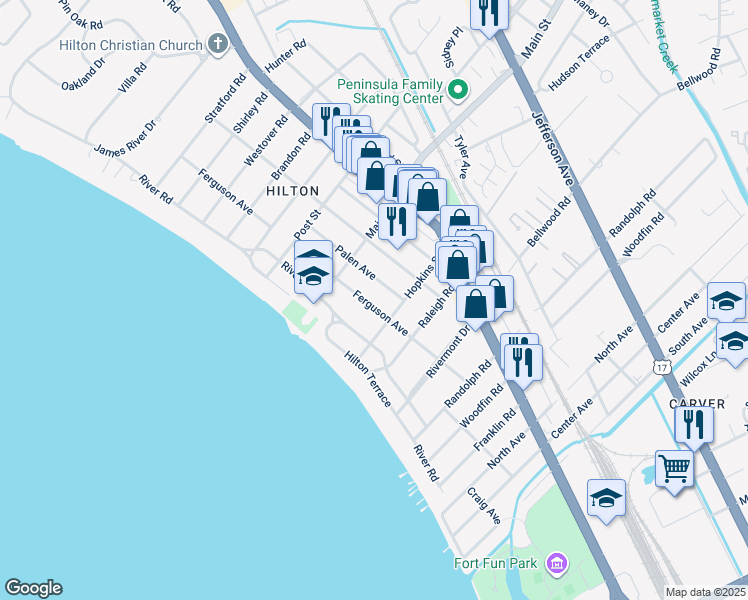 map of restaurants, bars, coffee shops, grocery stores, and more near 203 Palen Avenue in Newport News