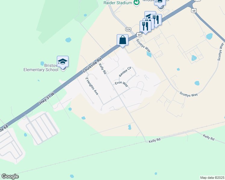 map of restaurants, bars, coffee shops, grocery stores, and more near 345 Kelly Road in Bowling Green