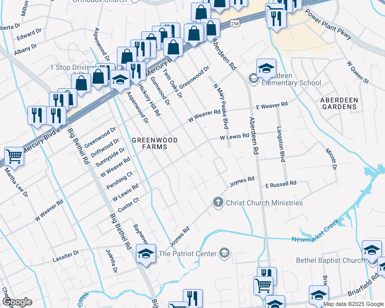 map of restaurants, bars, coffee shops, grocery stores, and more near 203 West Lewis Road in Hampton